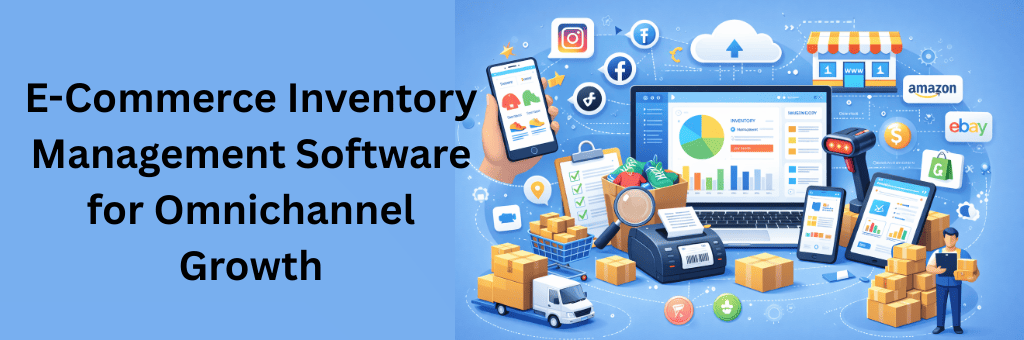 E-commerce inventory system connecting online stores, mobile apps, warehouse logistics, and analytics across multiple sales channels