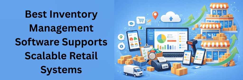 Scalable retail inventory software illustration with multiple store locations, stock growth arrows, and connected inventory dashboards