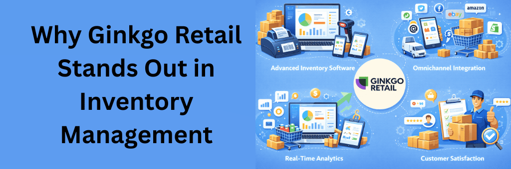 Ginkgo Retail inventory management platform highlighting advanced inventory software, omnichannel integration, real-time analytics, and customer satisfaction on a single background