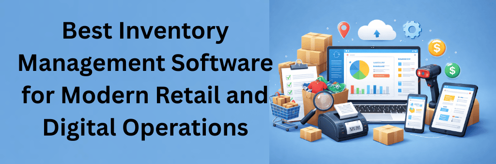 Illustration of inventory management software dashboard with barcode scanner, boxes, POS system, and retail devices on a single blue background